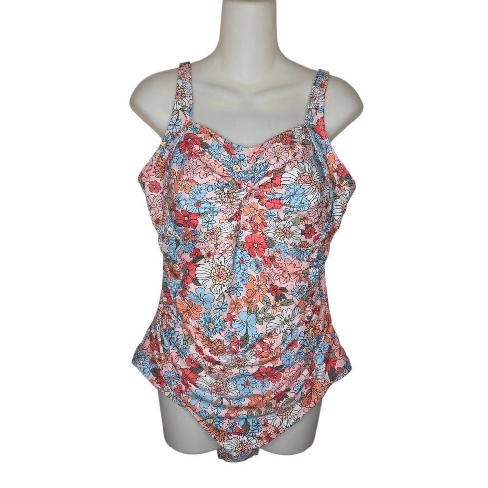 Hanna Nikole Floral One-Piece Tummy Control Swimsuit, Size 16, Side Ruching